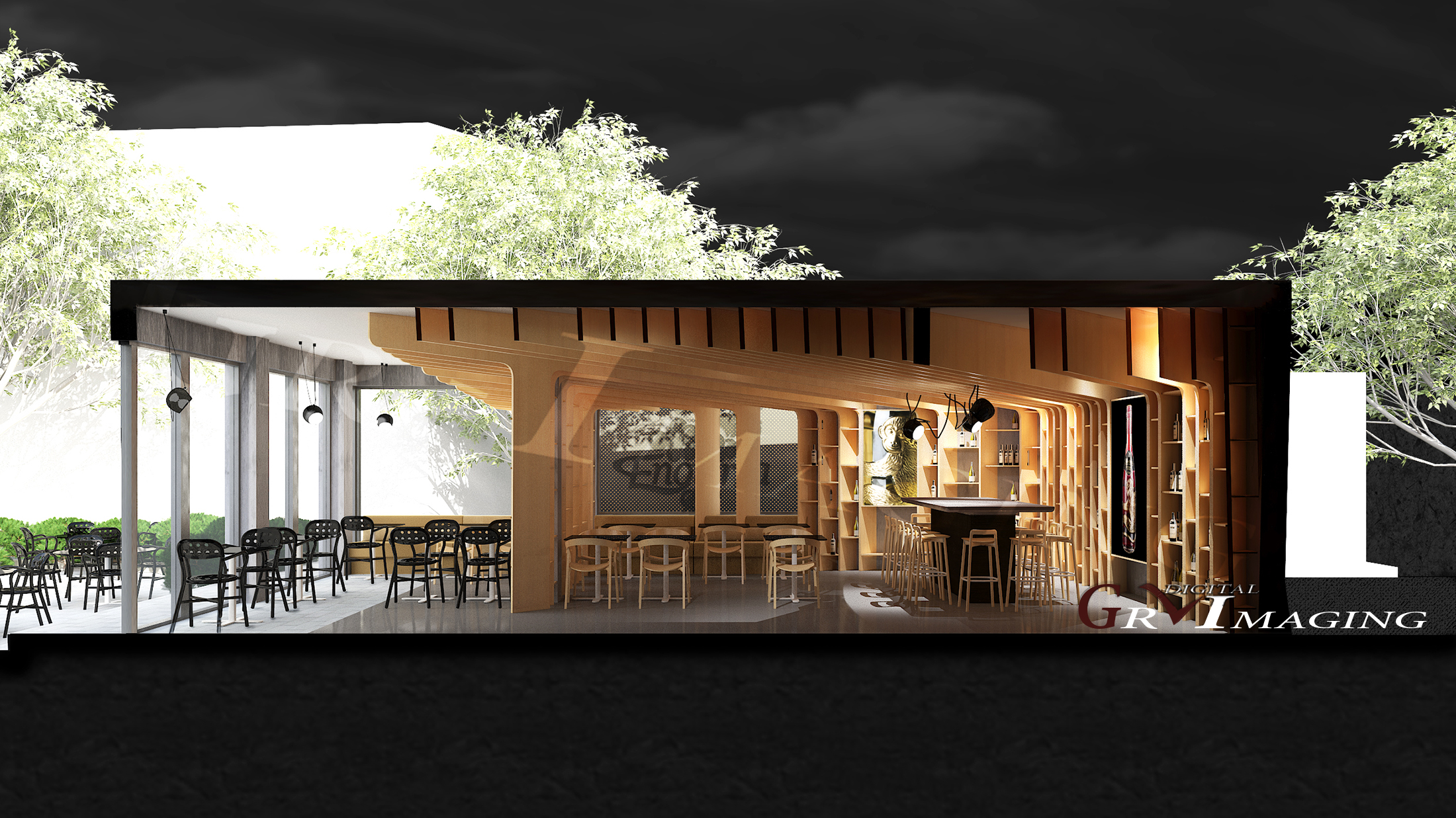Interior renderings for a restaurant in Shanghai. Design by Daniel Fintzi Design