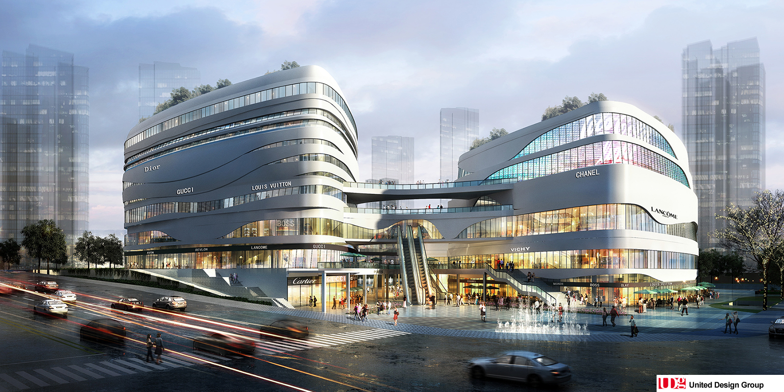 Exterior rendering of a commercial complex in China. Design by UDG China